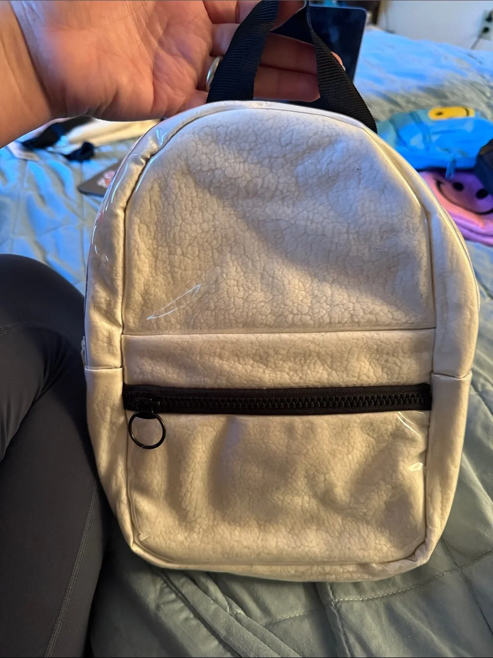 Mini White Patent Backpack Shiny Faux Leather Chunky Black Zipper Small Travel